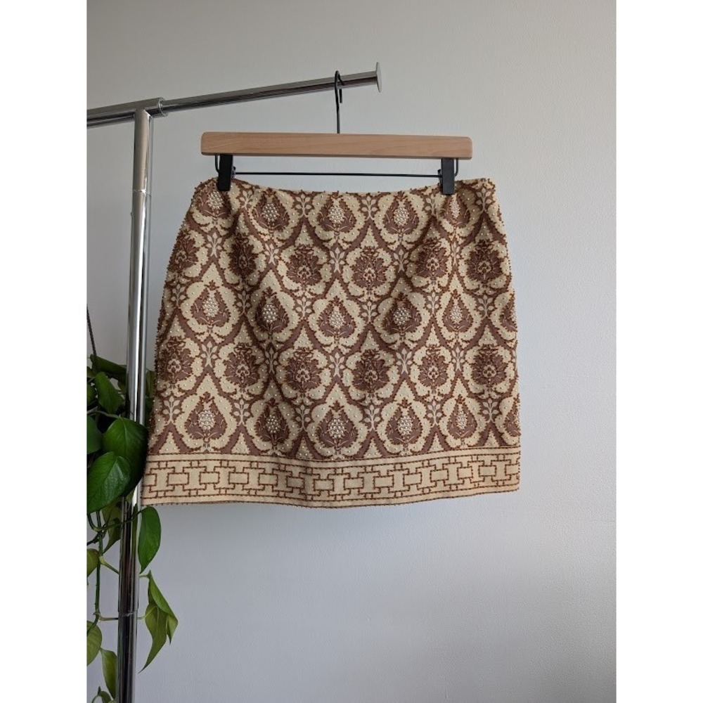 vintage Y2K beaded mini skirt 10 silk linen damask brown tan boho zara larsson